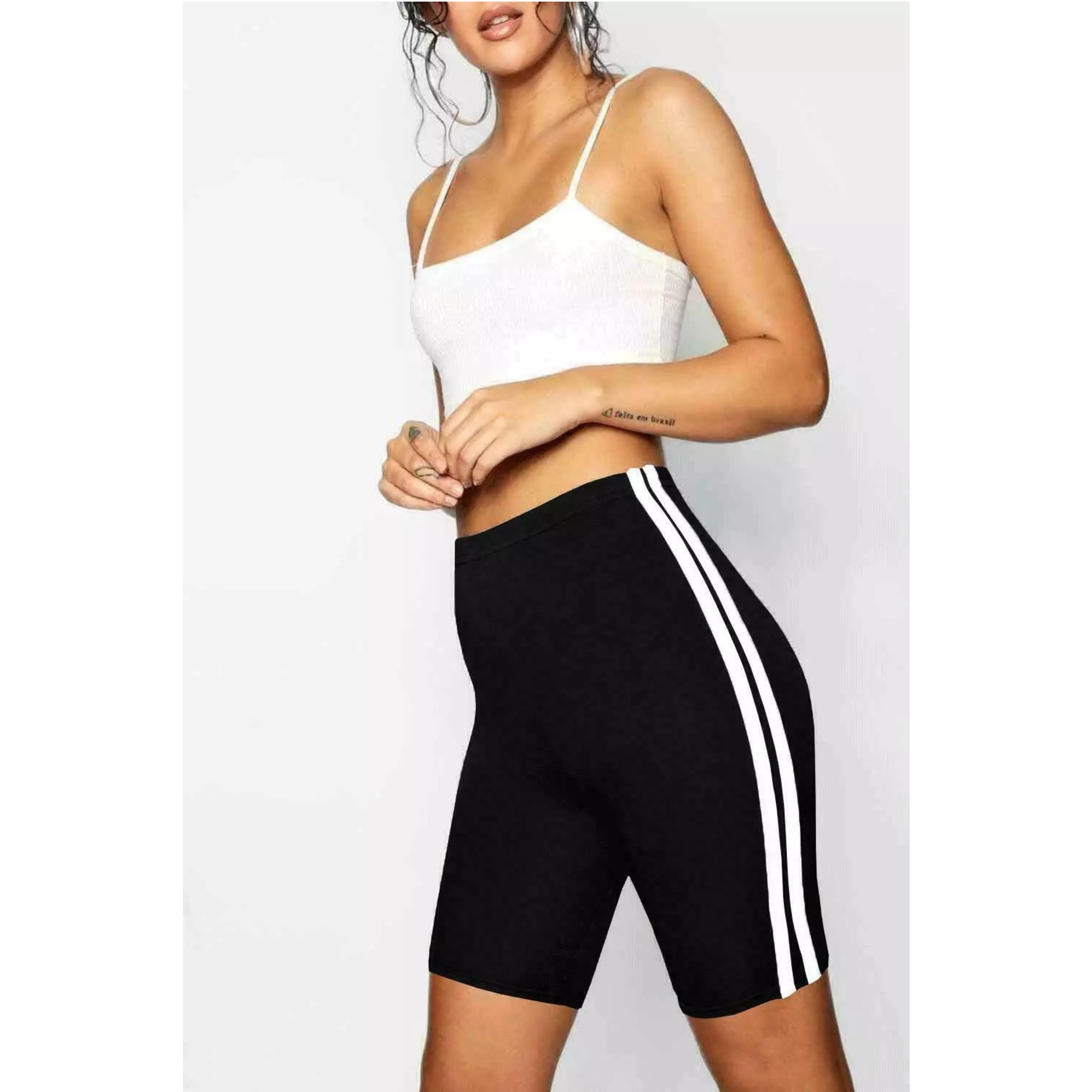 Ladies high-waisted cycling shorts – striped side panel in black